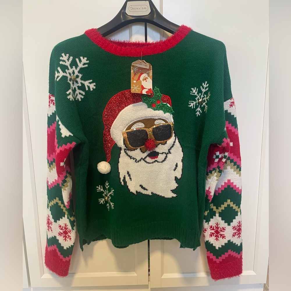 NWT Blizzard Bay Women’s Ugly Christmas Sweater Santa in Sunglasses Snowflakes L